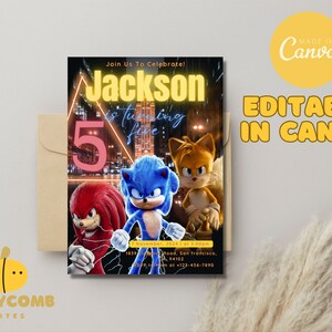 Faire-part d'anniversaire Sonic l'hérisson, Sonic, Tails et Knuckles City Night, invitation à une fête d'anniversaire, téléchargement numérique, édition sur toile, bricolage