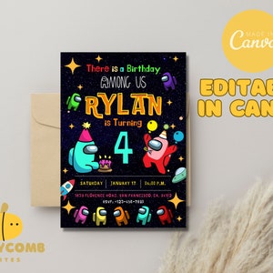 Onder ons ruimte avontuur verjaardagsuitnodiging, leuke kinderen verjaardagsuitnodiging, onder ons spel uitnodigen, digitale Canva sjabloon, bewerkbaar, DIY