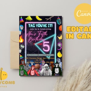 Faire-part d'anniversaire tag gorille avec fond de jeu, carte de fête numérique néon, invitation personnalisable sur le thème du jeu VR pour enfants, toile modifiable, bricolage