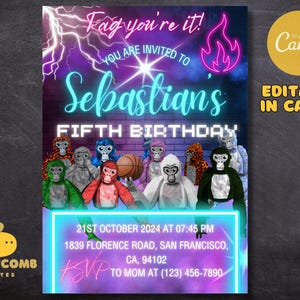 Gorilla-Geburtstags-Einladung | Bearbeitbar VR Game Party Einladen | Neon Affen Thema | Druckbare Kinder Geburtstagskarte | Leicht zu bearbeiten auf Canva