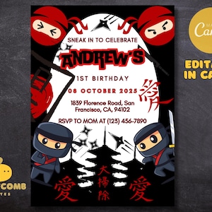 Invitación de cumpleaños ninja / Invitación editable para fiesta infantil / Linda temática ninja chibi / Tarjeta imprimible para bebé niño en rojo y negro / Descarga instantánea