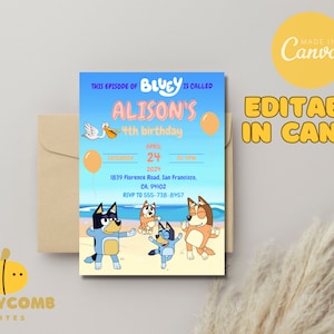 Bewerkbare Bluey Family Beach Party uitnodiging sjabloon, afdrukbare Kids verjaardag uitnodigen, leuk en speels cartoon thema, Instant Download, DIY