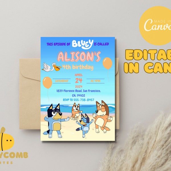 Editable Bluey Family Beach Party Invitation Template, Printable Kids Birthday Invite, Fun and Playful Cartoon Theme, Instant Download, DIY