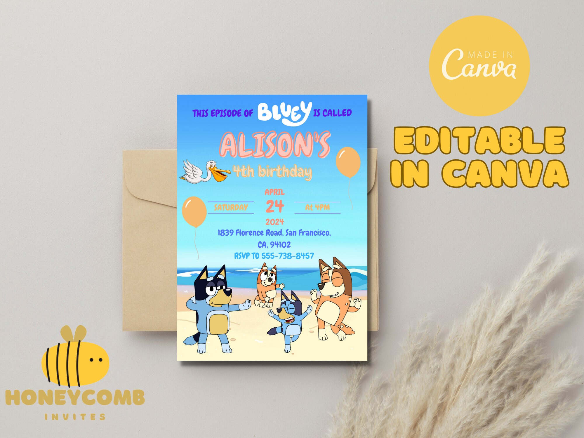 Editable Bluey Family Beach Party Invitation Template Printable Kids Birthday Invite Fun and Playful Cartoon Theme Instant