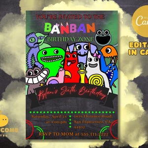 Faire-part d'anniversaire jardin of Banban, modèle de fête numérique modifiable, thème effrayant mignon de la maternelle, invitation imprimable pour les enfants, bricolage canva