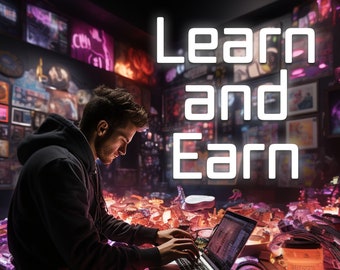 May include: A person using a laptop with the text "Learn and Earn Profits Online" in a dimly lit room. The room is filled with various objects and lights, creating a vibrant and colorful atmosphere.
