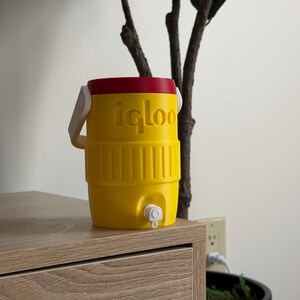 May include: A yellow Igloo water cooler with a red lid and white handle. The cooler has a spigot and the Igloo logo in yellow. The cooler is sitting on a wooden surface.