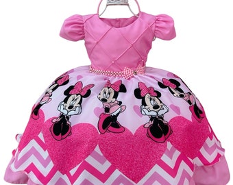 Vestido Infantil Minnie Rosa Cinturón Perlas Y Tiara