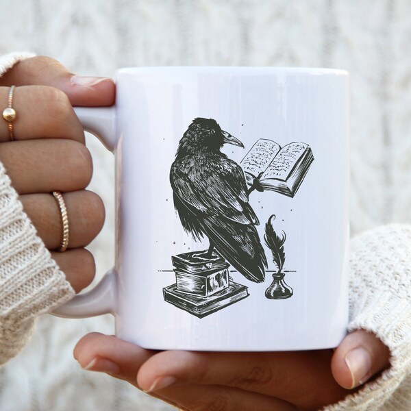 Raven Reading a Book Mug, Book Lover Mug, Bookish Mug, Book Lover Gift, Bookish Gifts, Dark Academia Mug, Dark Academia Gifts, Raven Mug