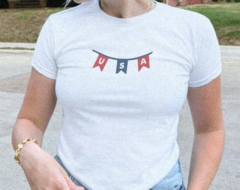 USA Baby Tee, 4th Of July Baby Tee, Patriotic Shirt, Independence Day Shirt, Labor Day Shirt, Relaxed Fit White Y2k Baby Tee, Flag Tshirt