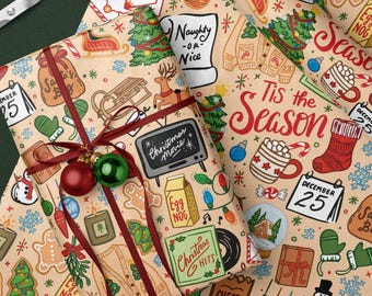 Christmas Wrapping Paper Roll, Holiday Gift Wrap Christmas Paper, Classic Christmas Tree Paper Roll, Cartoon Gift Paper, Tis The Season Wrap