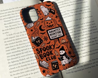 Funda para teléfono de Halloween, funda para teléfono con diseño de libro espeluznante, regalo para lectores, funda para teléfono con diseño de fantasma, funda para celular adorable, regalo para amantes de los libros, fundas para teléfono de otoño