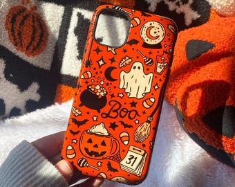 May include: Orange phone case with a Halloween-themed design. The case features illustrations of ghosts, pumpkins, bats, and the word "Boo". The design includes a calendar showing the date 31.