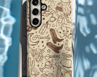 Funda de teléfono estilo western, funda de estilo campestre, funda de verano, funda marrón, regalo de vaquera, regalo de chica con caballo, estética bohemia western