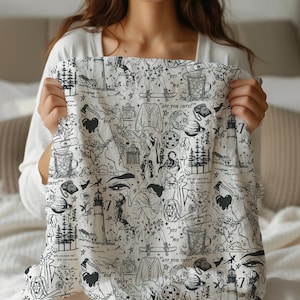 May include: A white fabric with a black and white pattern of various illustrations. The illustrations include a lighthouse, a birdcage, a disco ball, a skateboard, a heart, a bandage, a glass of liquid, a star, a planet, and the words "are you sure?" and "kid".