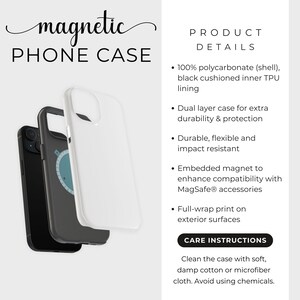 Może przedstawiać: Wyświetlane są trzy magnetyczne etui na telefon w kolorze czarnym, szarym i białym. U g&oacute;ry znajduje się napis "magnetic PHONE CASE". Szczeg&oacute;ły produktu obejmują podw&oacute;jną warstwę ochronną, odporność na uderzenia i kompatybilność z MagSafe.