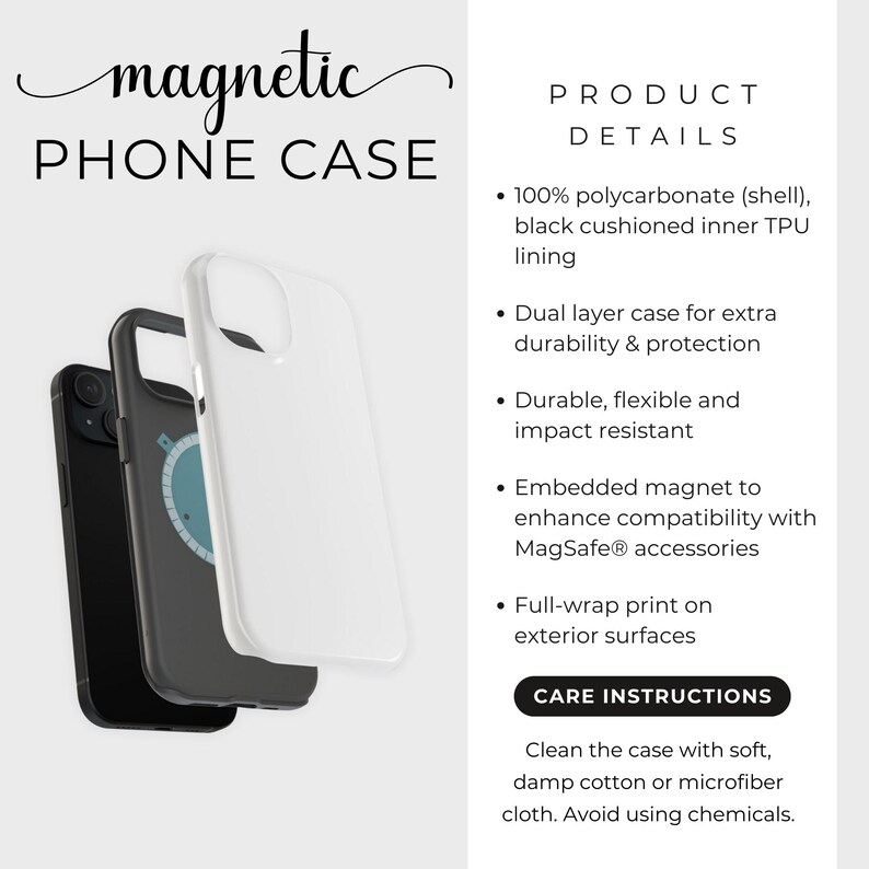 Może przedstawiać: Wyświetlane są trzy magnetyczne etui na telefon w kolorze czarnym, szarym i białym. U g&oacute;ry znajduje się napis "magnetic PHONE CASE". Szczeg&oacute;ły produktu obejmują podw&oacute;jną warstwę ochronną, odporność na uderzenia i kompatybilność z MagSafe.
