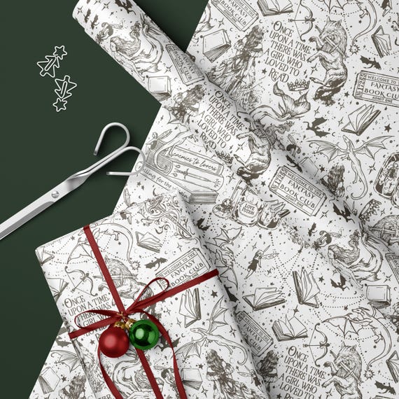 Fantasy Book Wrapping Paper, Christmas Wrapping Paper Gift, Gift For Reader, Dragon Gift Wrap Paper, Book Lover Gift, Book Reader Paper Roll