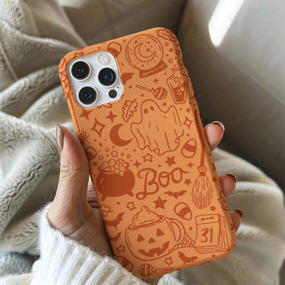 Halloween Phone Case, Ghost Phone Case, Gift For Halloween, Halloween Aesthetic, Fall Phone Case, Cute Cell Phone Case, Orange Phone Cover