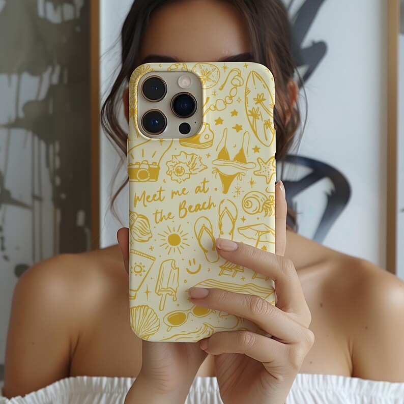 May include: A white phone case with a yellow design featuring a variety of summer-themed illustrations, including a surfboard, sunglasses, flip flops, and the text "Meet me at the Beach".