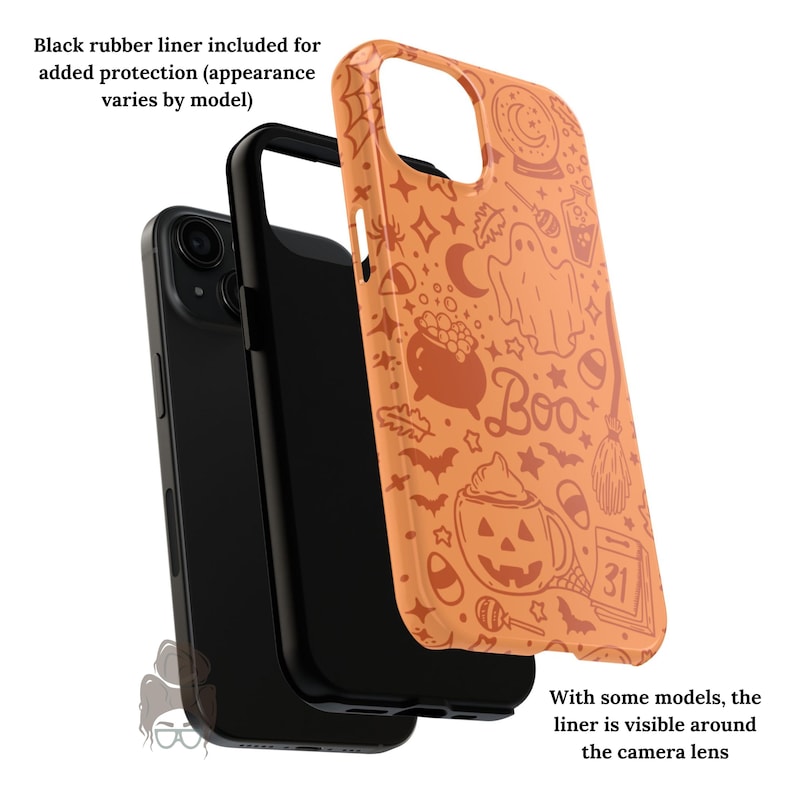 Puede incluir: Funda de tel&eacute;fono naranja con un dise&ntilde;o de Halloween. La funda tiene un forro de goma negra para mayor protecci&oacute;n. El dise&ntilde;o incluye un fantasma, un caldero y la palabra "Boo".