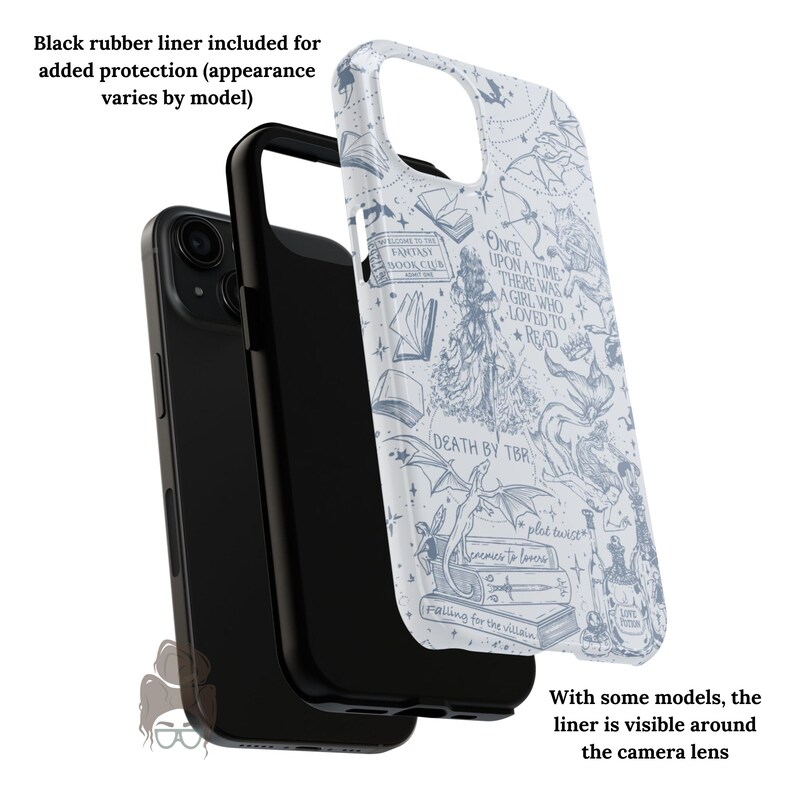 May include: A black phone case with a white and blue fantasy-themed design. The design includes illustrations of books, dragons, and text that reads "Once upon a time there was a girl who loved to read". A black rubber liner is included.