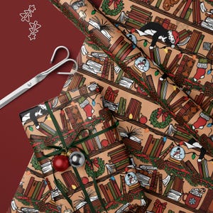 Bookish Christmas Wrapping Paper Roll, Wrapping For Book Gift Packaging Paper Holiday Wrapping For Reader, Bookshelf Gift Wrap Paper Sheet