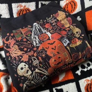 Halloween Sweatshirt, Halloween Lover Gift, Boo Sweatshirt, Halloween Aesthetic Pumpkin Sweatshirt, Black Fall Crewneck, Cat Sweatshirt image 3