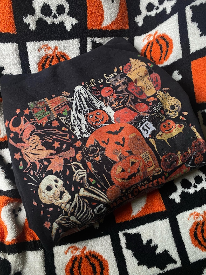 Halloween Sweatshirt, Halloween Lover Gift, Boo Sweatshirt, Halloween Aesthetic Pumpkin Sweatshirt, Black Fall Crewneck, Cat Sweatshirt image 3