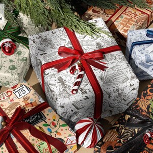 May include: An assortment of wrapped gifts with decorative bows and ornaments. The gifts are wrapped in various patterned papers, including holiday and Halloween themes. Red and white striped ornaments and candy cane decorations are also present.