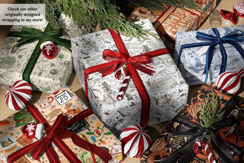 May include: An assortment of wrapped gifts with decorative bows and ornaments. The gifts are wrapped in various patterned papers, including holiday and Halloween themes. Red and white striped ornaments and candy cane decorations are also present.