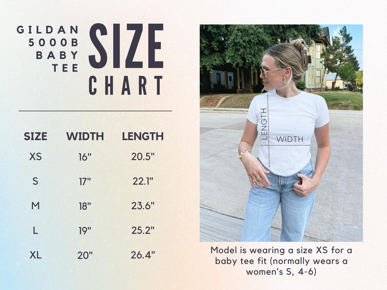 May include: A white baby tee size chart with measurements in inches. The chart includes sizes XS to XL, with corresponding width and length measurements. A model wearing a white tee is shown, with the text indicating the model wears an XS.