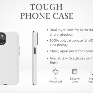 May include: White phone case with a black border. The case is made of two layers for extra durability and protection. It is made of 100% polycarbonate and 100% TPU. The case has clear, open ports for connectivity. It is available with a glossy or matte finish. The case is UV protected, has a silicone liner, and is impact resistant.