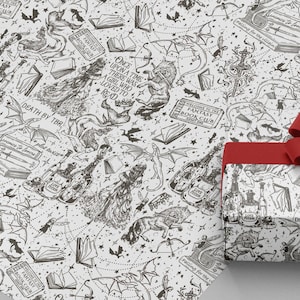 May include: White wrapping paper with a black and white fantasy illustration featuring dragons, books, and bottles. A red bow adorns a wrapped gift. The text includes "Fantasy Book Club" and "Death by TBR".