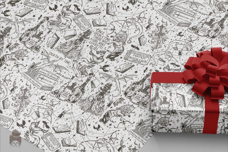 May include: White wrapping paper with a black and white fantasy illustration featuring dragons, books, and bottles. A red bow adorns a wrapped gift. The text includes "Fantasy Book Club" and "Death by TBR".