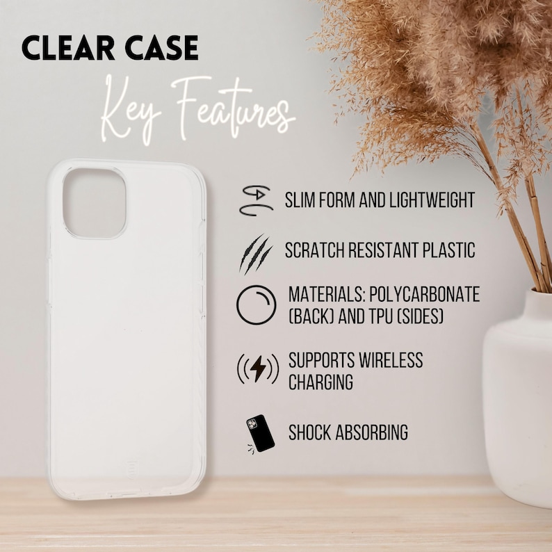 Puede incluir: Una funda transparente para tel&eacute;fono con el texto "CLEAR CASE" y "Key Features". La funda es delgada, ligera y est&aacute; hecha de pl&aacute;stico resistente a los ara&ntilde;azos. Admite carga inal&aacute;mbrica y absorbe los golpes.