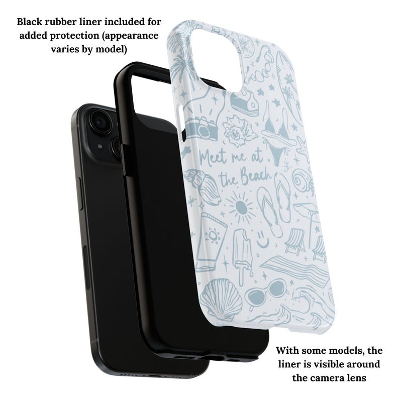 K&ouml;nnte beinhalten: Schwarze Handyh&uuml;lle mit wei&szlig;er H&uuml;lle mit Strandmotiv. Das Design umfasst Illustrationen von Muscheln, Sonnenbrillen und den Text "Meet me at the Beach". Ein schwarzes Gummi-Innenfutter ist enthalten.