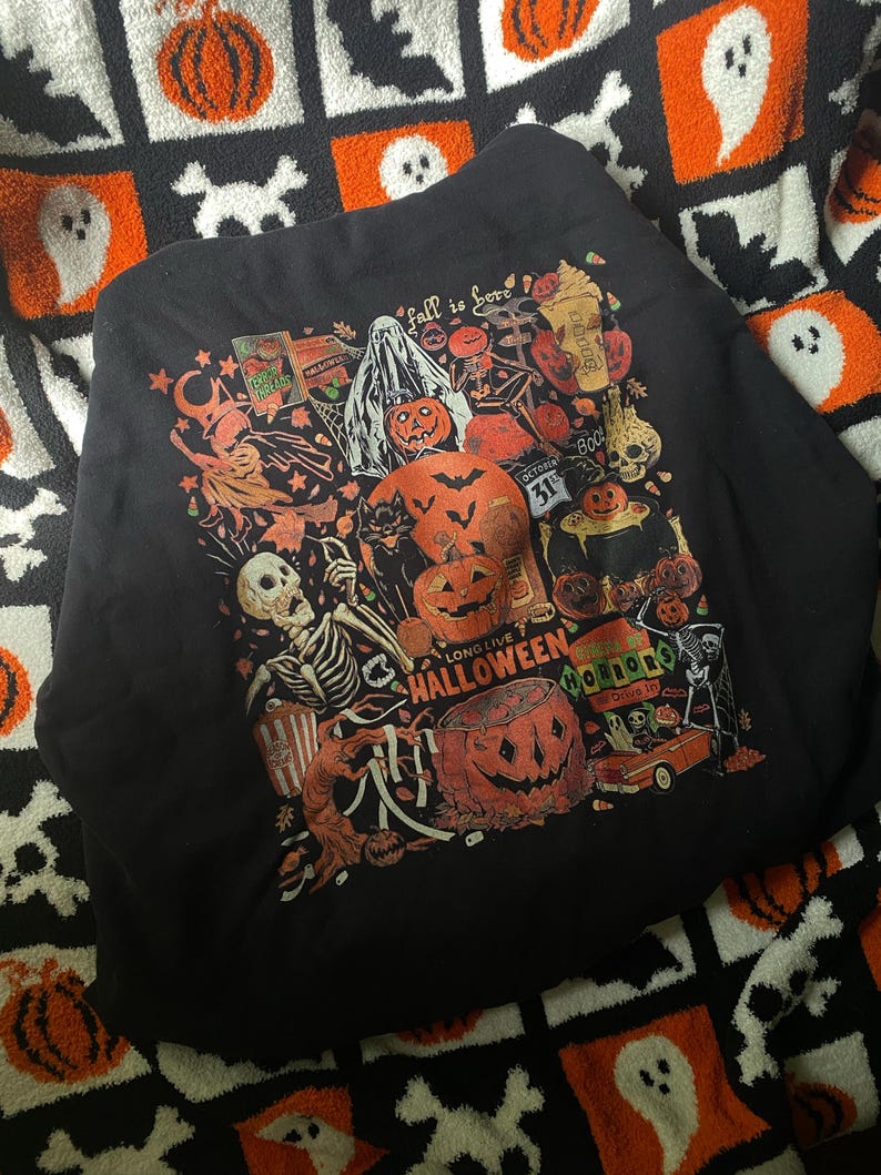 Halloween Sweatshirt, Halloween Lover Gift, Boo Sweatshirt, Halloween Aesthetic Pumpkin Sweatshirt, Black Fall Crewneck, Cat Sweatshirt image 2