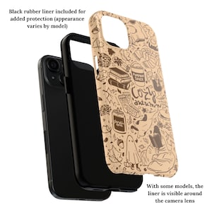 May include: A phone case featuring a beige background with a brown autumn-themed doodle design. The design includes books, a coffee cup, a ghost, and the words "Cozy Autumn" and "Pumpkin Spice". A black rubber liner is included for added protection.
