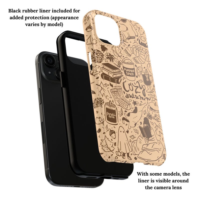 May include: A phone case featuring a beige background with a brown autumn-themed doodle design. The design includes books, a coffee cup, a ghost, and the words "Cozy Autumn" and "Pumpkin Spice". A black rubber liner is included for added protection.