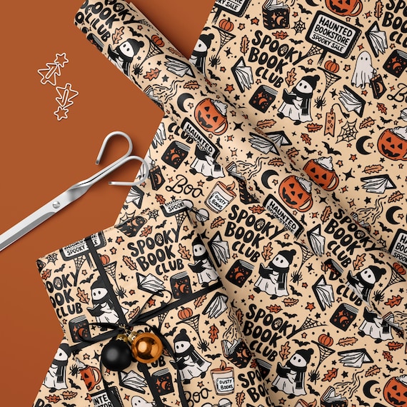 Bookish Halloween Wrapping Paper Roll, Gift For Reader, Book Gift Wrap Paper Sheet, Fall Ghost Wrap, Book Lover Gift, Book Reader Paper Roll