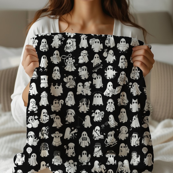 Halloween Ghost Blanket, Lightweight Blanket, Halloween Blanket, Black Throw, Plush Throw, Ghost Pattern, Halloween Decor, Fall Throw Gift