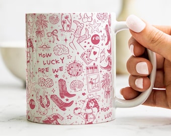 Pink Coquette Coastal Cowgirl Becher, Strandbecher, Western Boho Becher, 11 Unzen Becher, Keramik 15 Unzen Becher, Wie glücklich sind wir, rosa Becher Geschenk für Cowgirls
