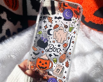 Funda transparente para teléfono, funda para teléfono de Halloween, regalo para Halloween, funda para teléfono de fantasma, funda para teléfono de bruja, funda para teléfono de otoño, funda transparente para celular
