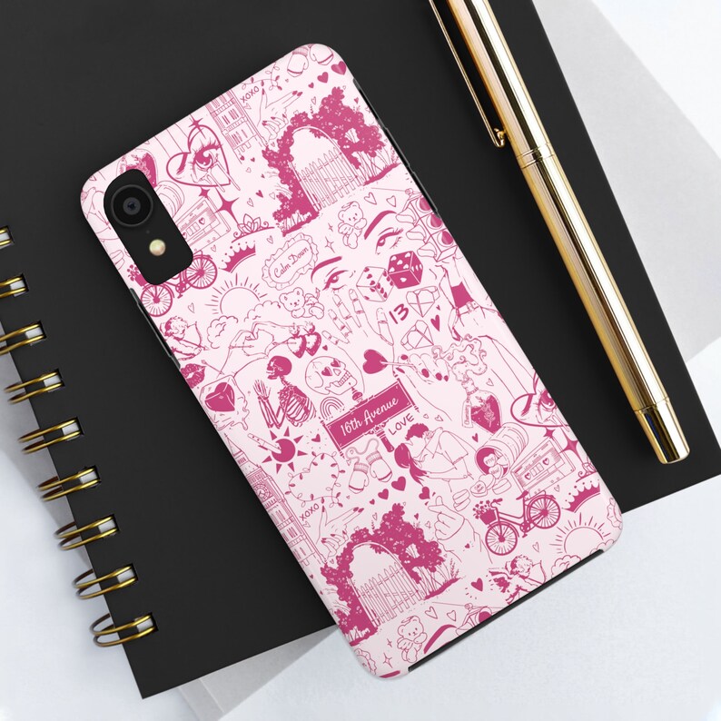 May include: Pink phone case with a white background and a variety of pink doodles, including hearts, stars, a skeleton, a rainbow, a bicycle, and the text "16th Avenue Love".