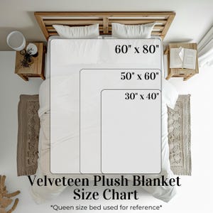 May include: A size chart for Velveteen Plush Blankets, showing three different sizes: 60 inches by 80 inches, 50 inches by 60 inches, and 30 inches by 40 inches. The chart is displayed on a queen-sized bed for reference.