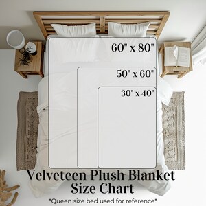 May include: A size chart for a Velveteen Plush Blanket, showing the different sizes available: 30" x 40", 50" x 60", and 60" x 80". The chart is displayed on a queen-sized bed for reference.