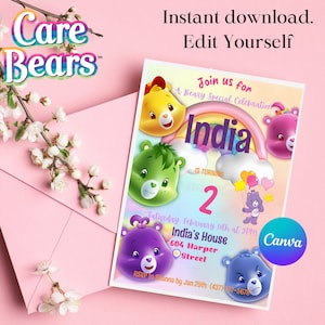 Invitación de fiesta de cumpleaños de Care Bear Descarga instantánea Invitación de Carebear Invitación digital de fiesta de Care Bear