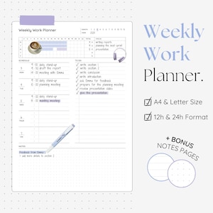 Wochenarbeitsplaner, druckbare Vorlage mit Terminplaner & To-Do-Liste, Plus gepunktete und linierte Notizseiten, Bullet-Journal inspiriert, A4/Letter