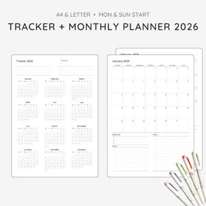 以下が含まれることがあります： ミニマルなデザインの白い2026トラッカーと月間プランナー。プランナーには年間カレンダーと月間レイアウトが含まれています。計画と整理に最適な、いくつかのカラフルなペンも表示されています。